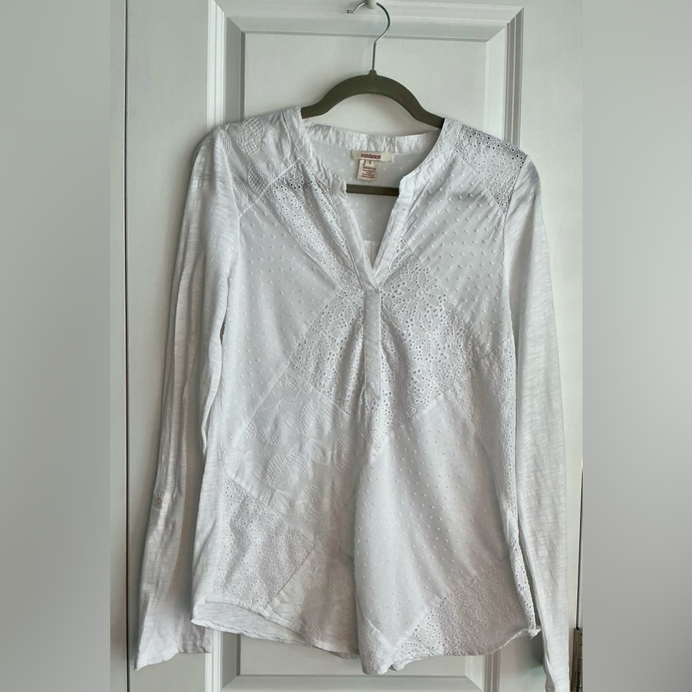 Sundance Women’s Eyelet Split Neck Cotton Roll Tab Sleeve Top White Sz Small